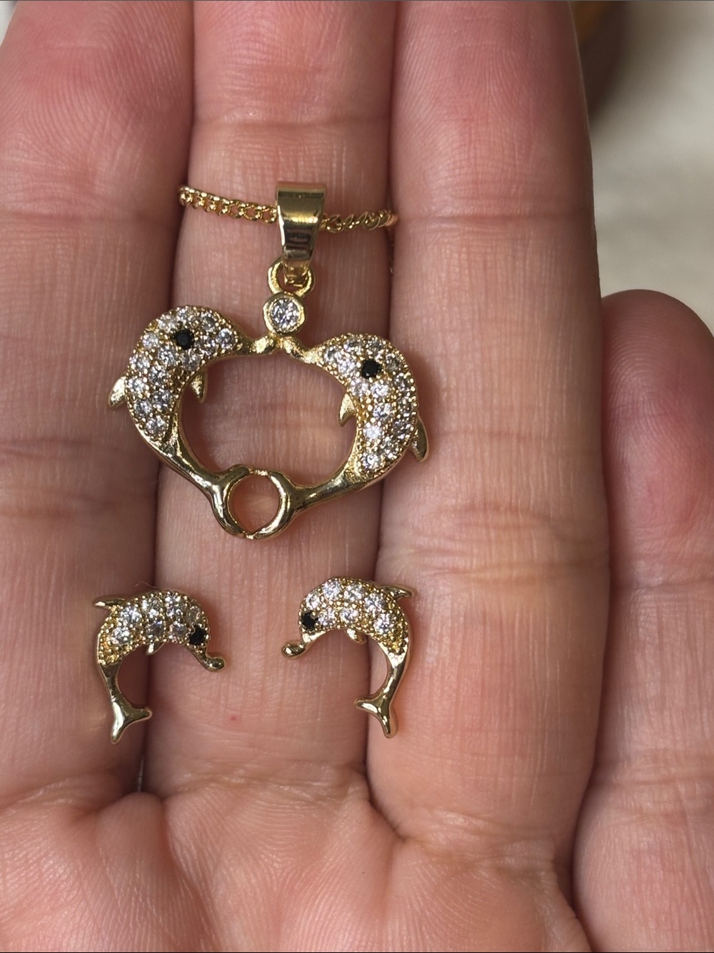 AAA CZ Pave DOLPHIN Earrings and Pendant Set 18k Yellow Gold Filled